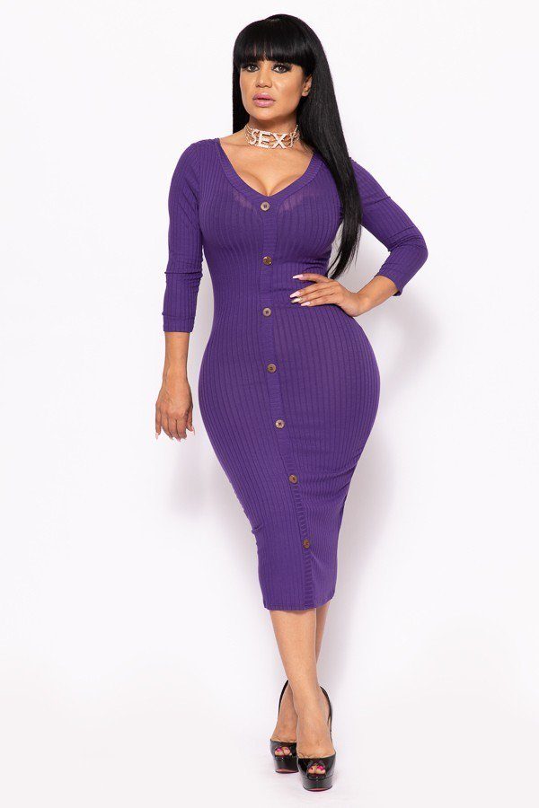 Ribbed, Long Sleeve Solid Midi Dress
