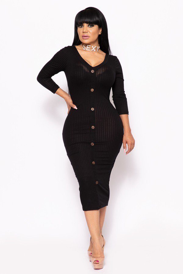 Ribbed, Long Sleeve Solid Midi Dress