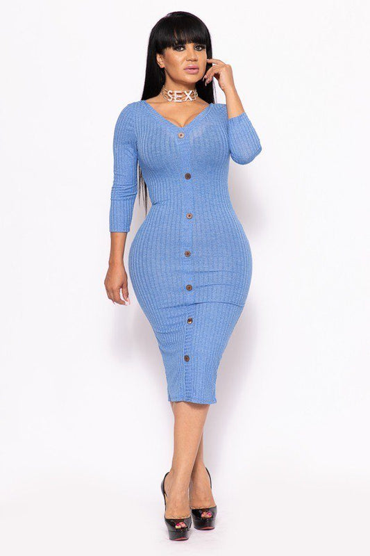 Ribbed, Long Sleeve Solid Midi Dress