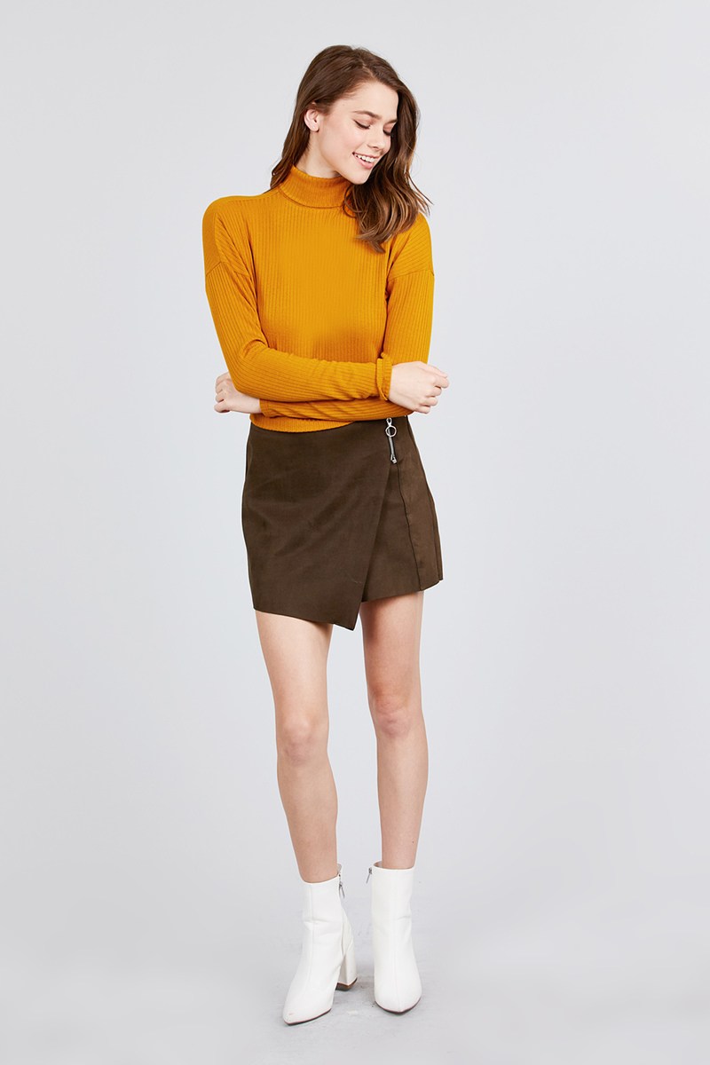 Long Dolman Sleeve Turtle Neck Rib Knit Top
