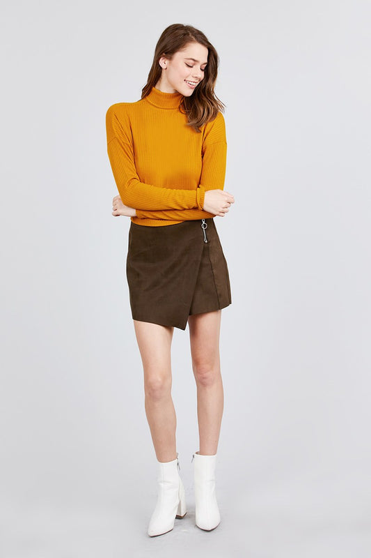 Long Dolman Sleeve Turtle Neck Rib Knit Top