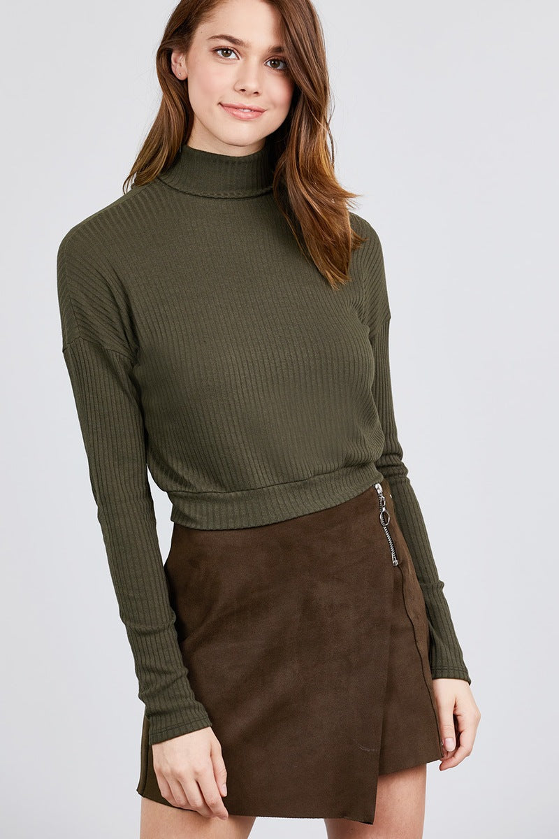 Long Dolman Sleeve Turtle Neck Rib Knit Top