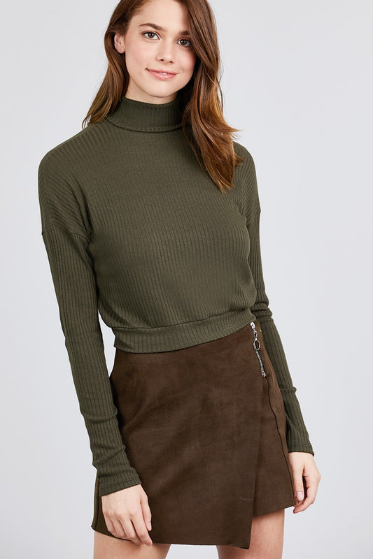 Long Dolman Sleeve Turtle Neck Rib Knit Top