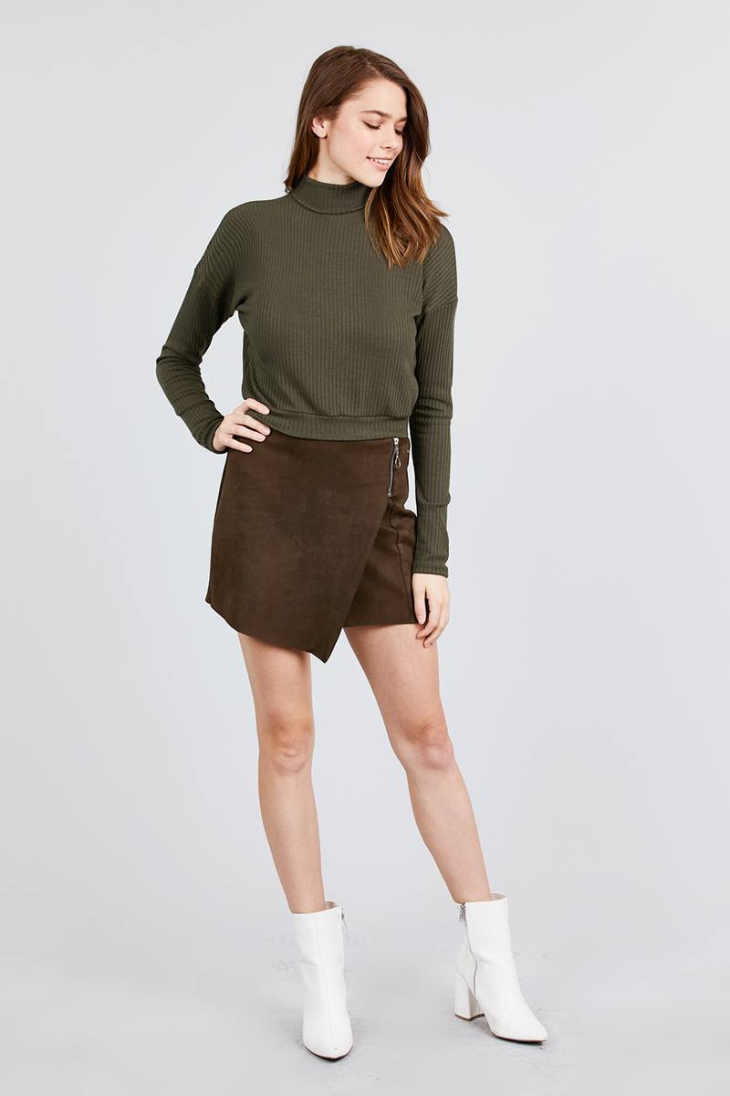 Long Dolman Sleeve Turtle Neck Rib Knit Top
