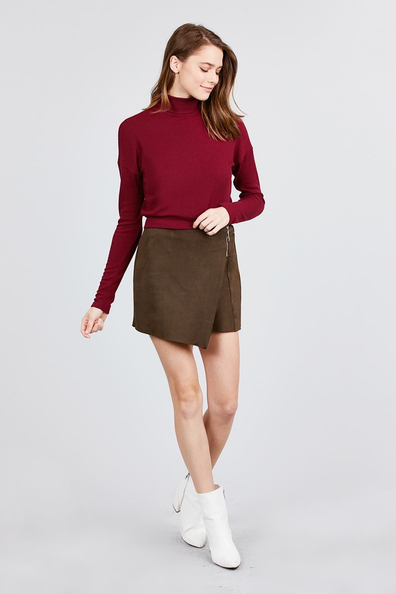 Long Dolman Sleeve Turtle Neck Rib Knit Top