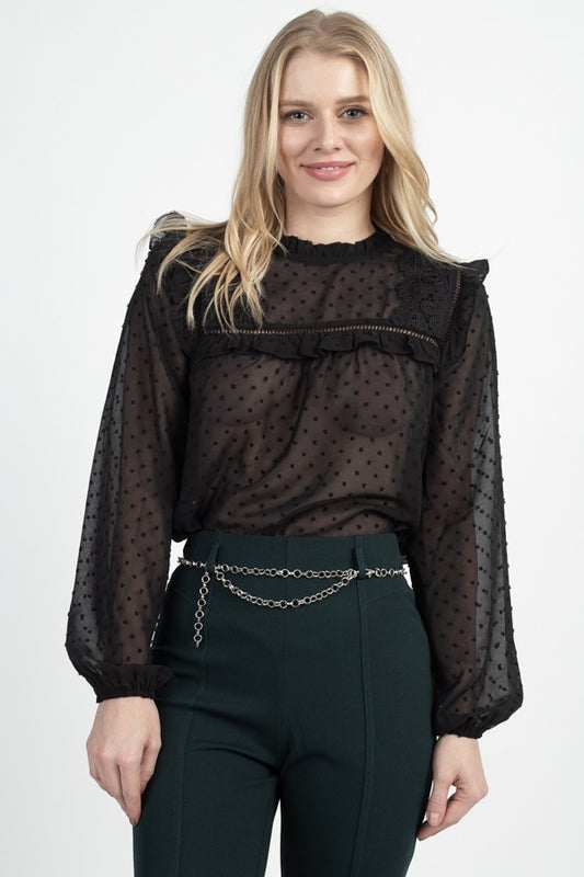 Sheer Swiss Dot Ruffle Top
