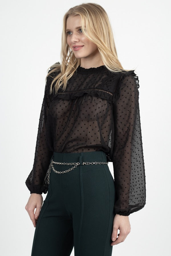 Sheer Swiss Dot Ruffle Top