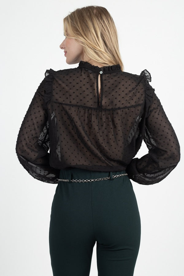 Sheer Swiss Dot Ruffle Top