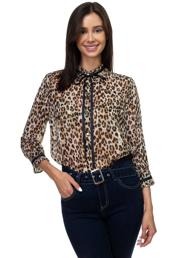 Pussycat Bow Chiffon Leopard Print Shirt