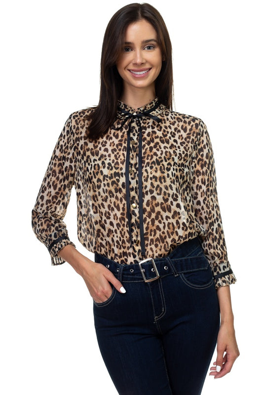 Pussycat Bow Chiffon Leopard Print Shirt