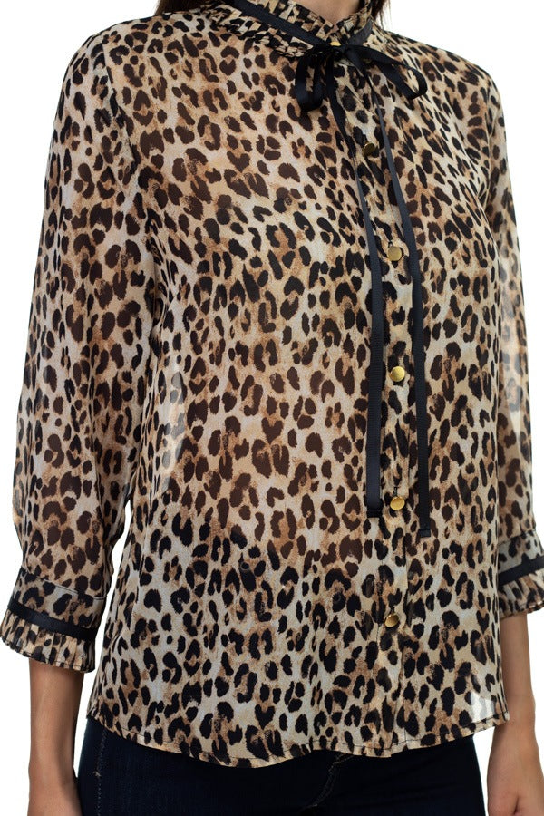 Pussycat Bow Chiffon Leopard Print Shirt