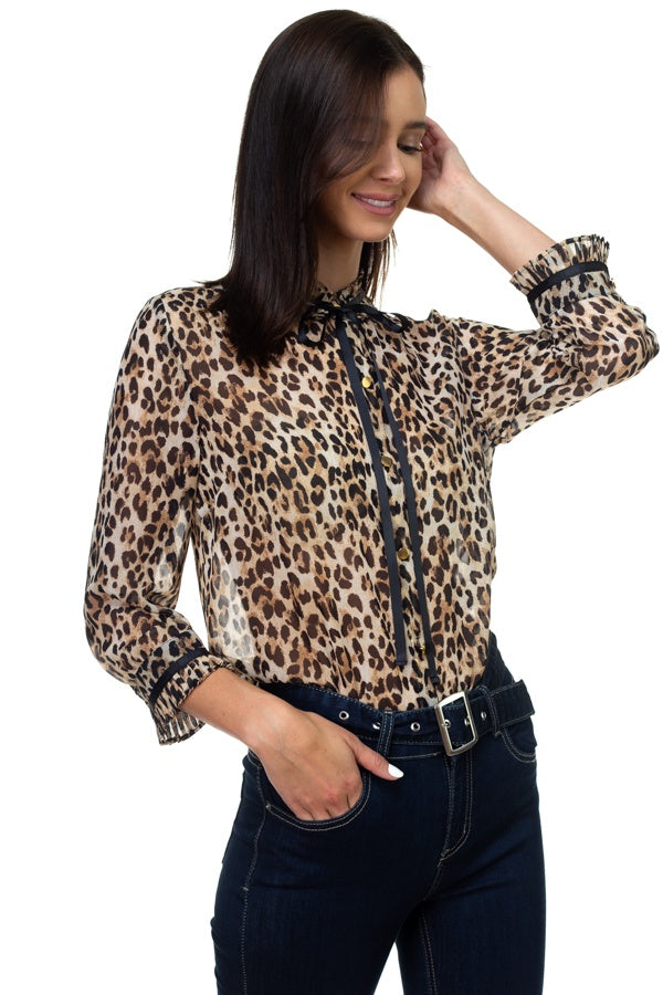 Pussycat Bow Chiffon Leopard Print Shirt