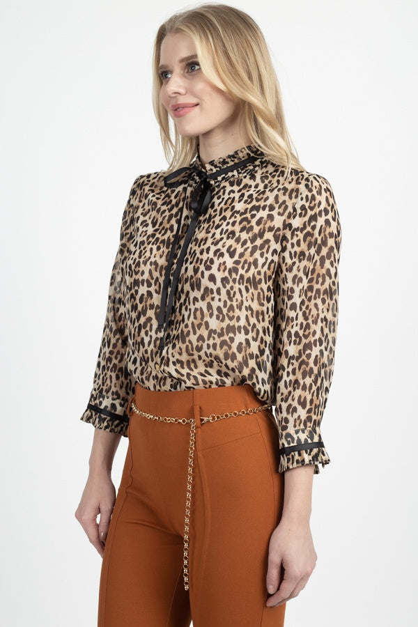 Pussycat Bow Chiffon Leopard Print Shirt