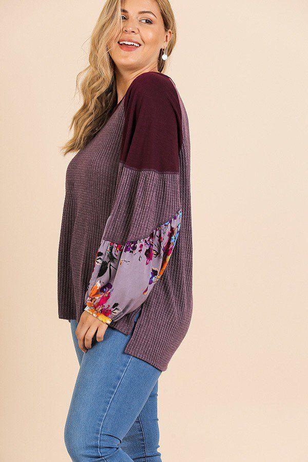 Floral Print Long Puff Sleeve Round Neck Waffle Knit Top