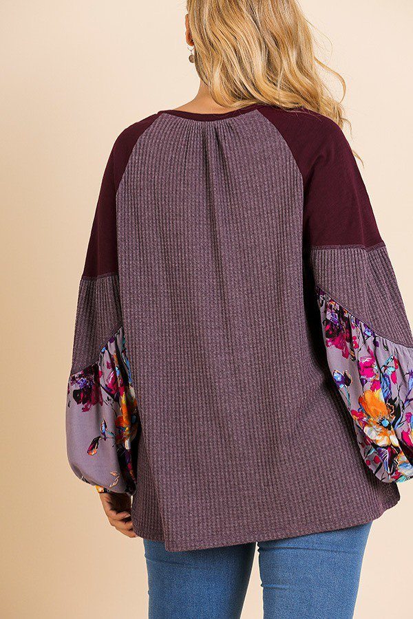 Floral Print Long Puff Sleeve Round Neck Waffle Knit Top