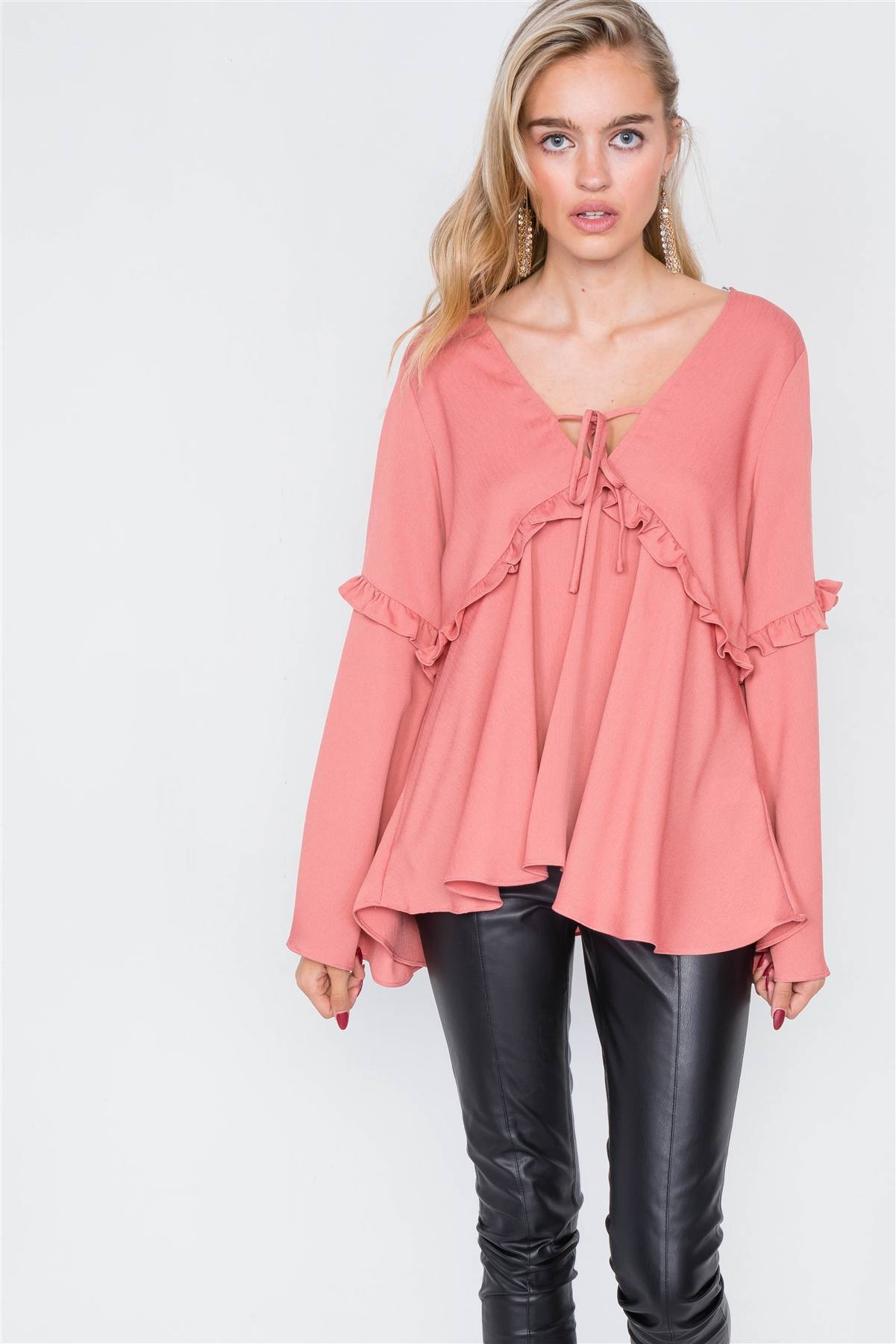 Flounce Belle Sleeve Lace-up V-neck Blouse
