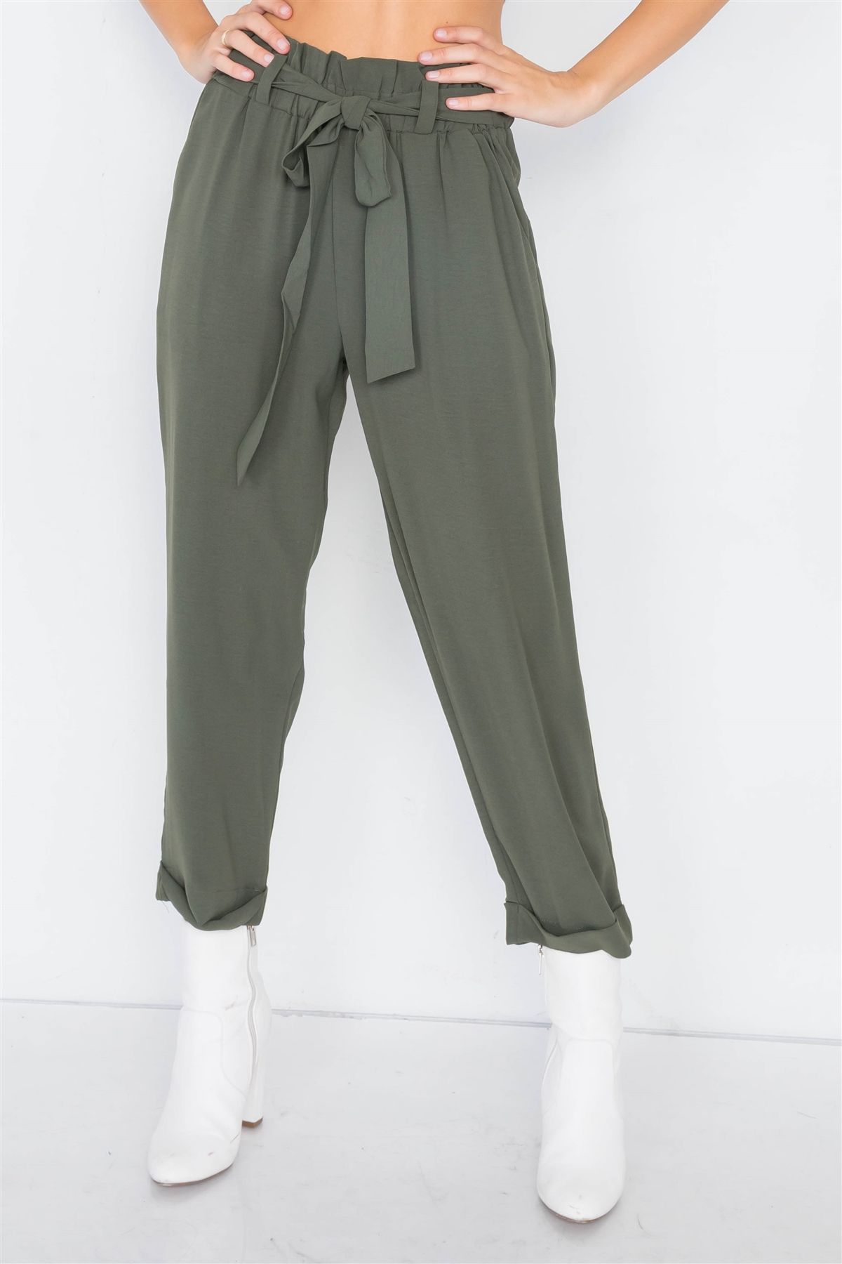 Dark Olive Office Chic Ankle Length Dress Pants