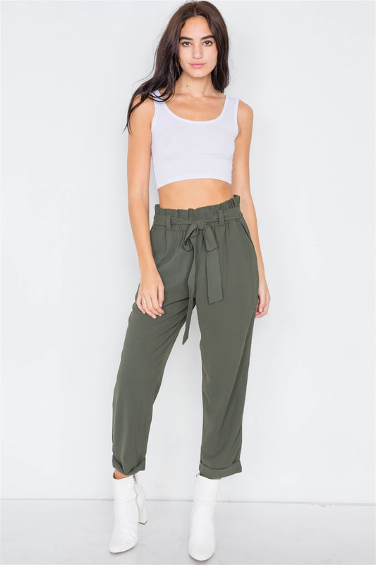 Dark Olive Office Chic Ankle Length Dress Pants