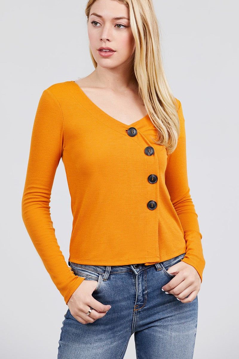 Long Sleeve V-neck Cross Wrap W/button Detail Rib Knit Top