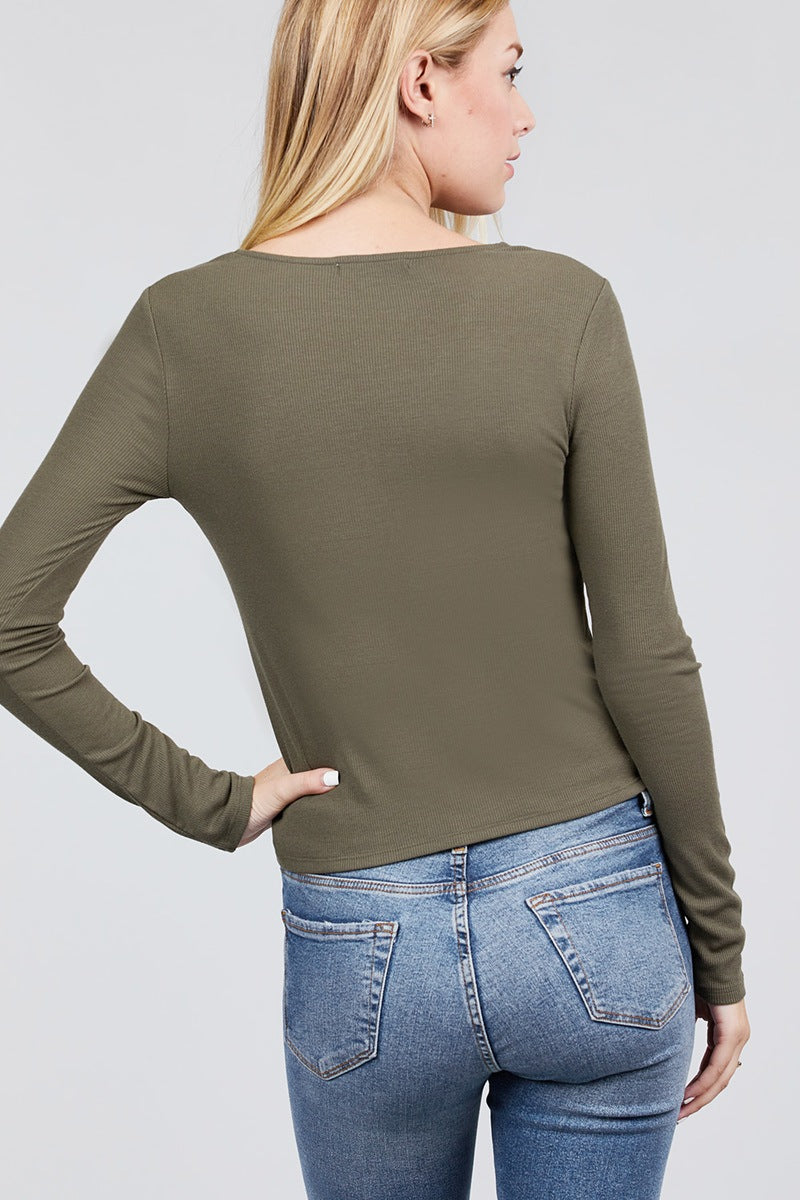 Long Sleeve V-neck Cross Wrap W/button Detail Rib Knit Top