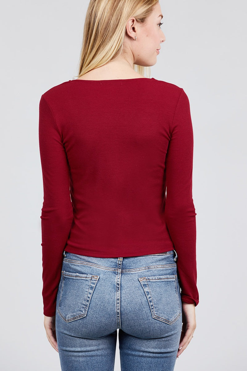 Long Sleeve V-neck Cross Wrap W/button Detail Rib Knit Top
