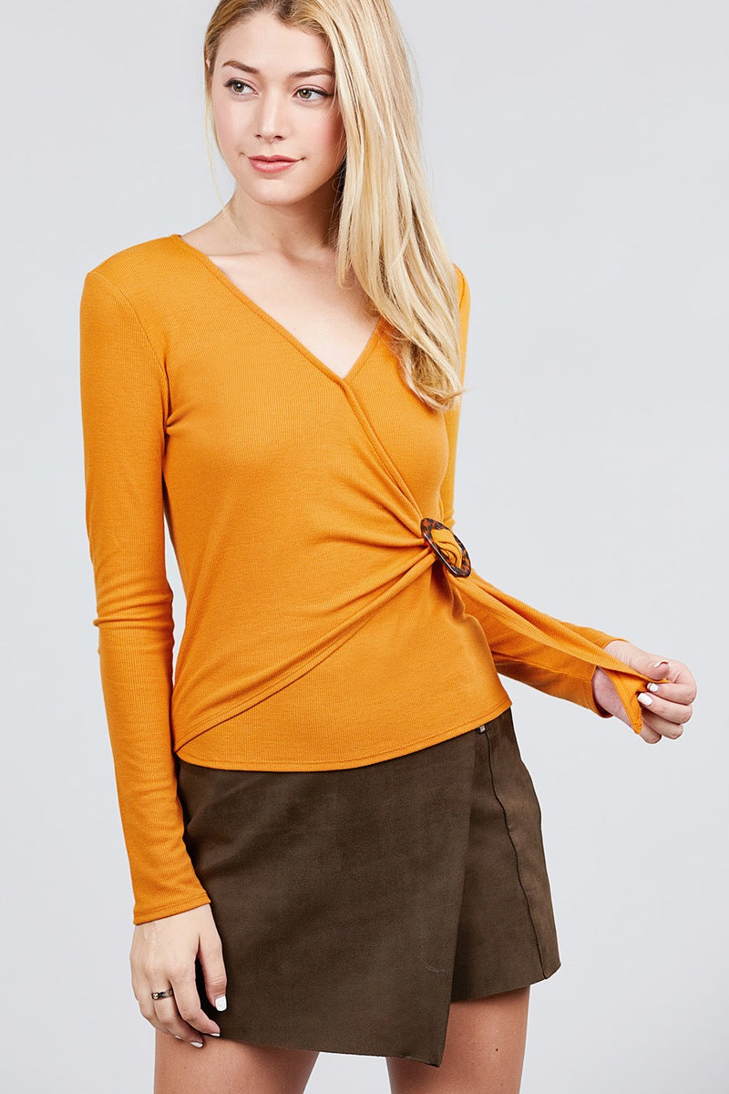 Long Sleeve Deep V-neck Side Buckle Detail Rib Knit Top