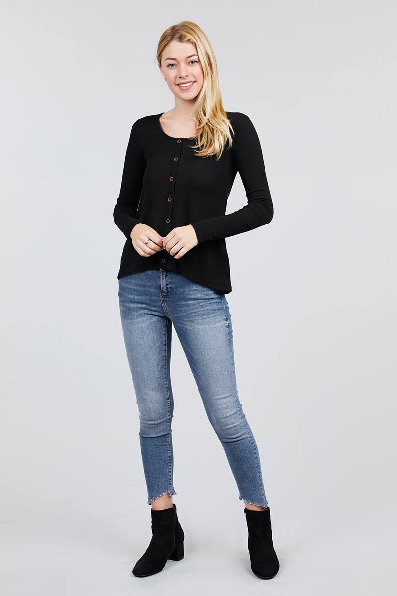 Long Sleeve Round Neck Button Detail Rib Knit Top