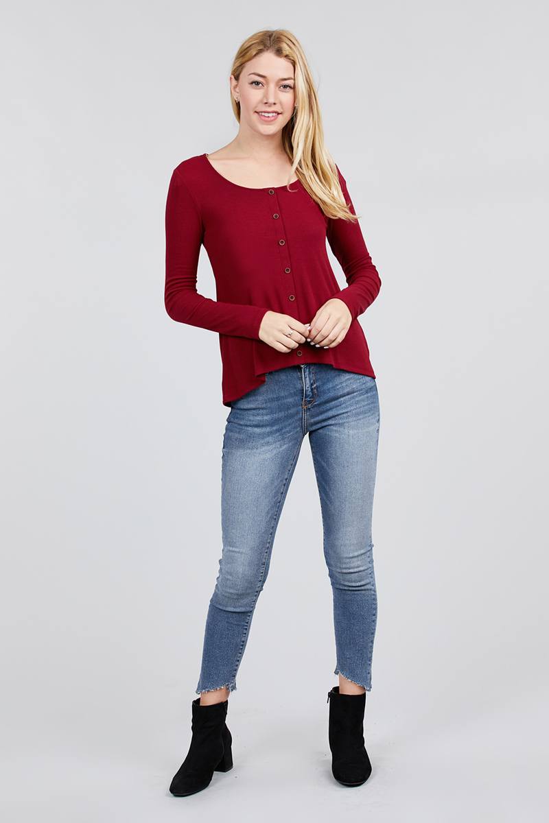 Long Sleeve Round Neck Button Detail Rib Knit Top