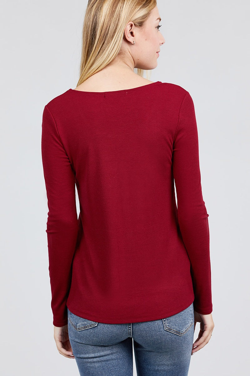 Long Sleeve Round Neck Button Detail Rib Knit Top