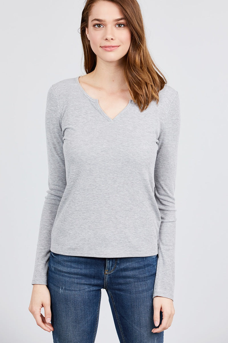 Long Sleeve V-notch Neck Rib Knit Top