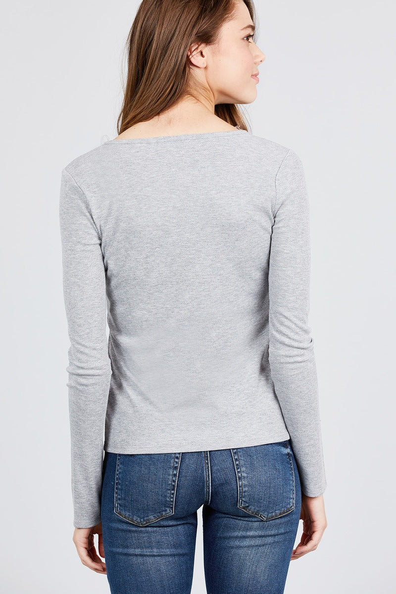 Long Sleeve V-notch Neck Rib Knit Top