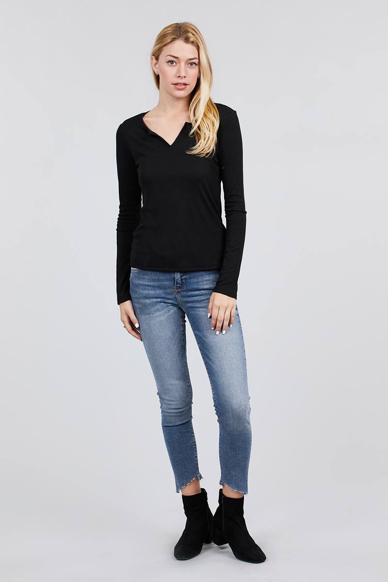 Long Sleeve V-notch Neck Rib Knit Top