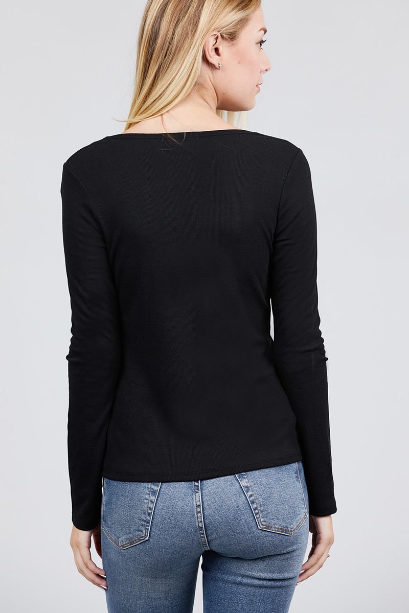 Long Sleeve V-notch Neck Rib Knit Top