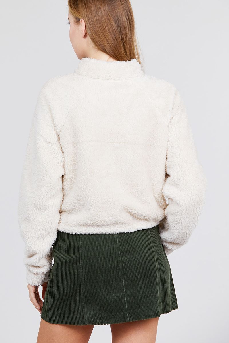Long Dolman Sleeve Mock Neck W/zipper Detail Toggle Elastic Hem Faux Fur Top