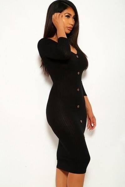 Ribbed, Long Sleeve Solid Midi Dress
