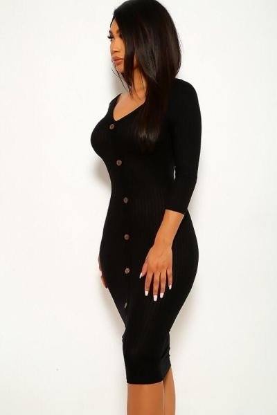 Ribbed, Long Sleeve Solid Midi Dress