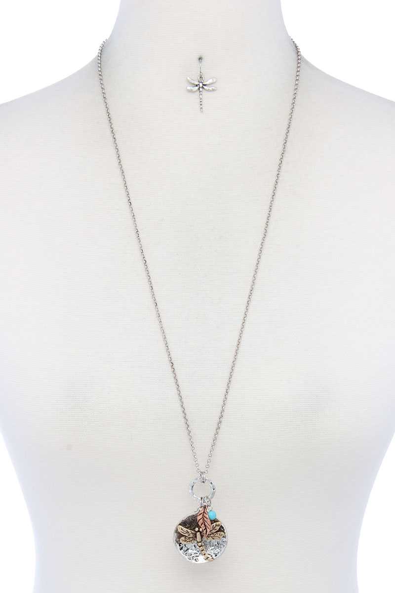 Chic Dragonfly Pendant Long Necklace And Earring Set