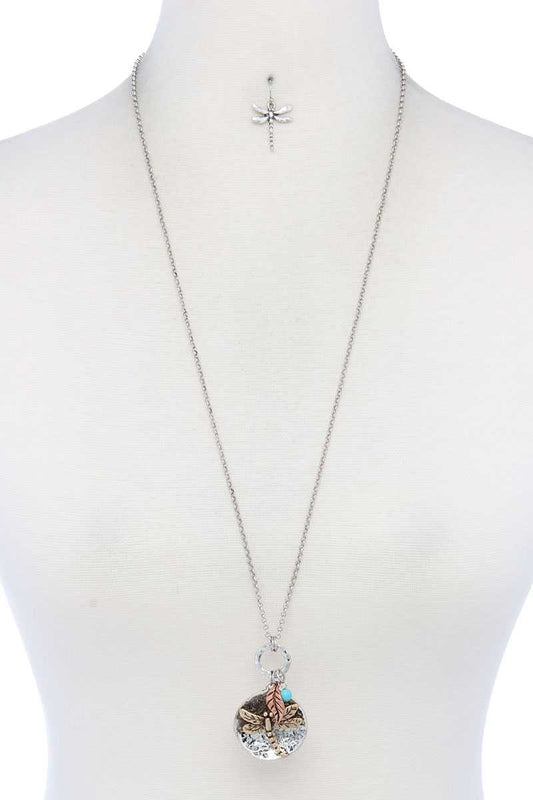 Chic Dragonfly Pendant Long Necklace And Earring Set