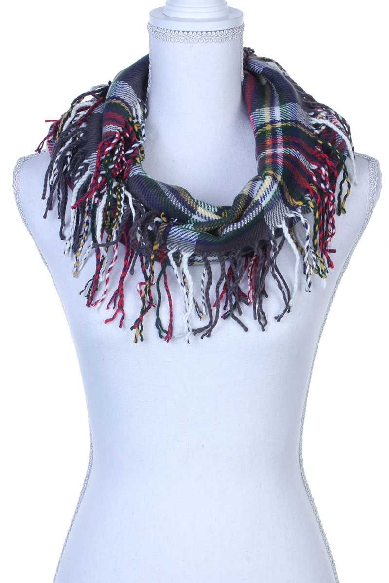 Plaid Fringe Trim Infinity Scarf