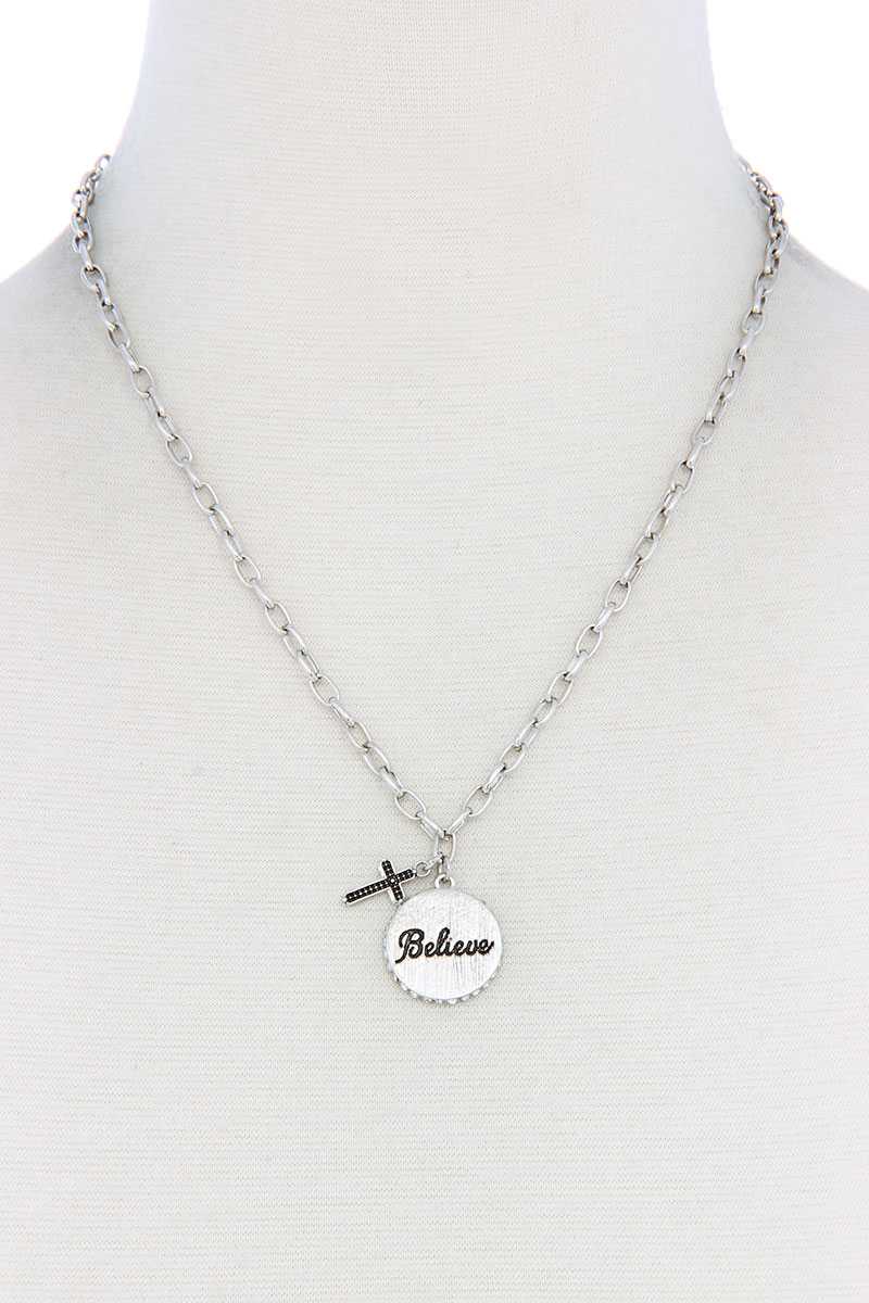 Believe Engrave Metal Circle Pendant Necklace