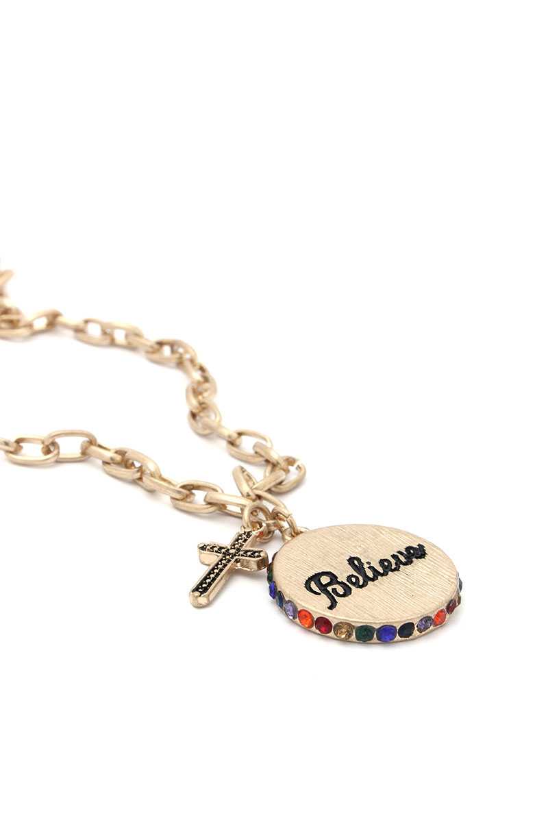 Believe Engrave Metal Circle Pendant Necklace