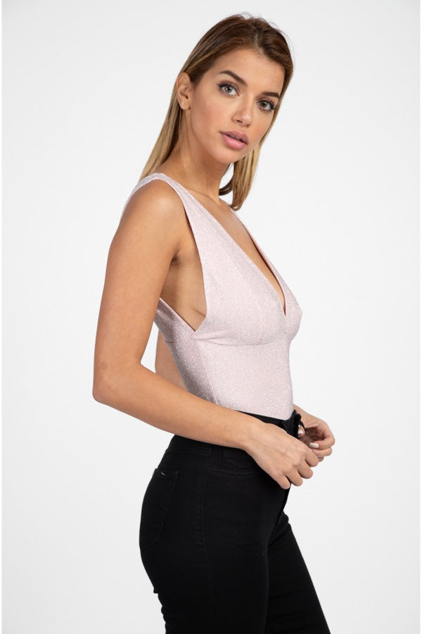 Glitter Deep V Neck Bodysuit