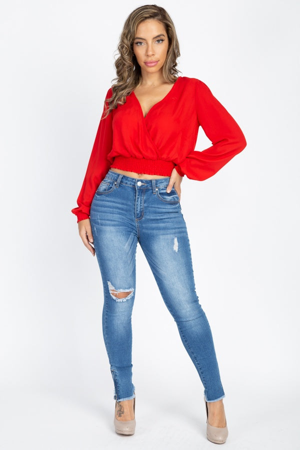 Smocked Hem Wrap Crop Top