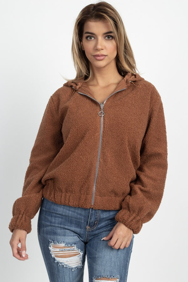 Faux Fur Drawstring Hooded Jacket