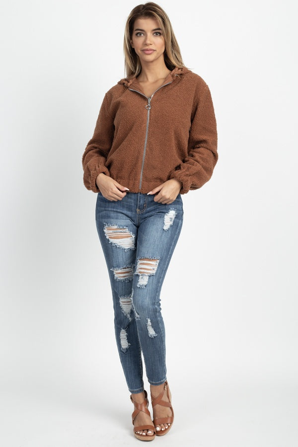 Faux Fur Drawstring Hooded Jacket