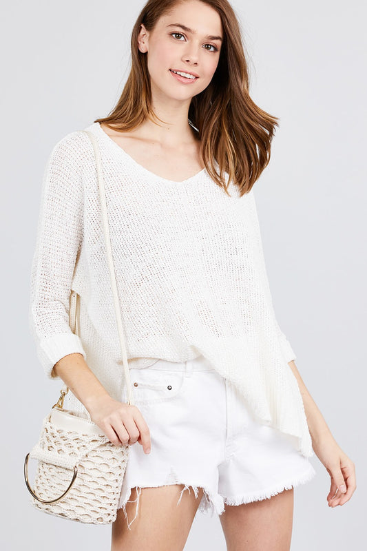 3/4 Sleeve Side Slits Fish Net Sweater Top