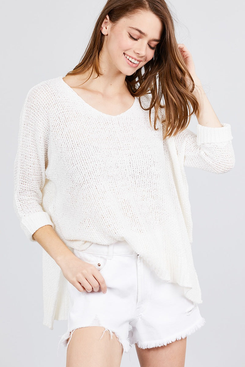 3/4 Sleeve Side Slits Fish Net Sweater Top