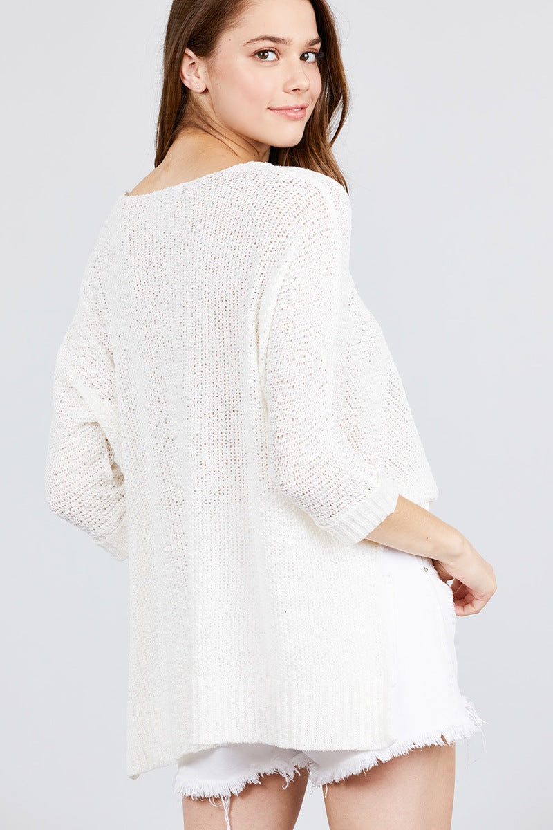 3/4 Sleeve Side Slits Fish Net Sweater Top