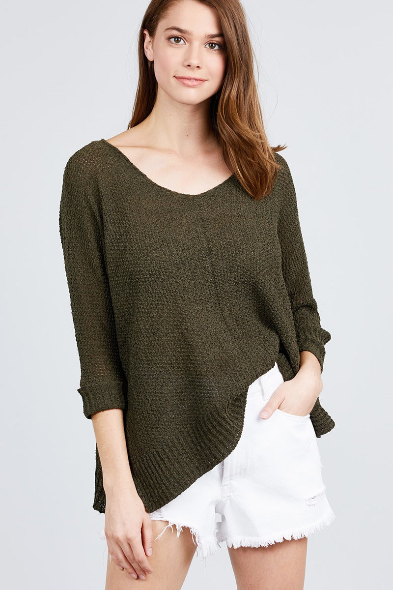 3/4 Sleeve Side Slits Fish Net Sweater Top