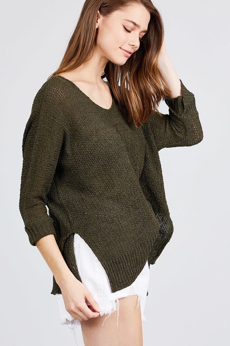 3/4 Sleeve Side Slits Fish Net Sweater Top